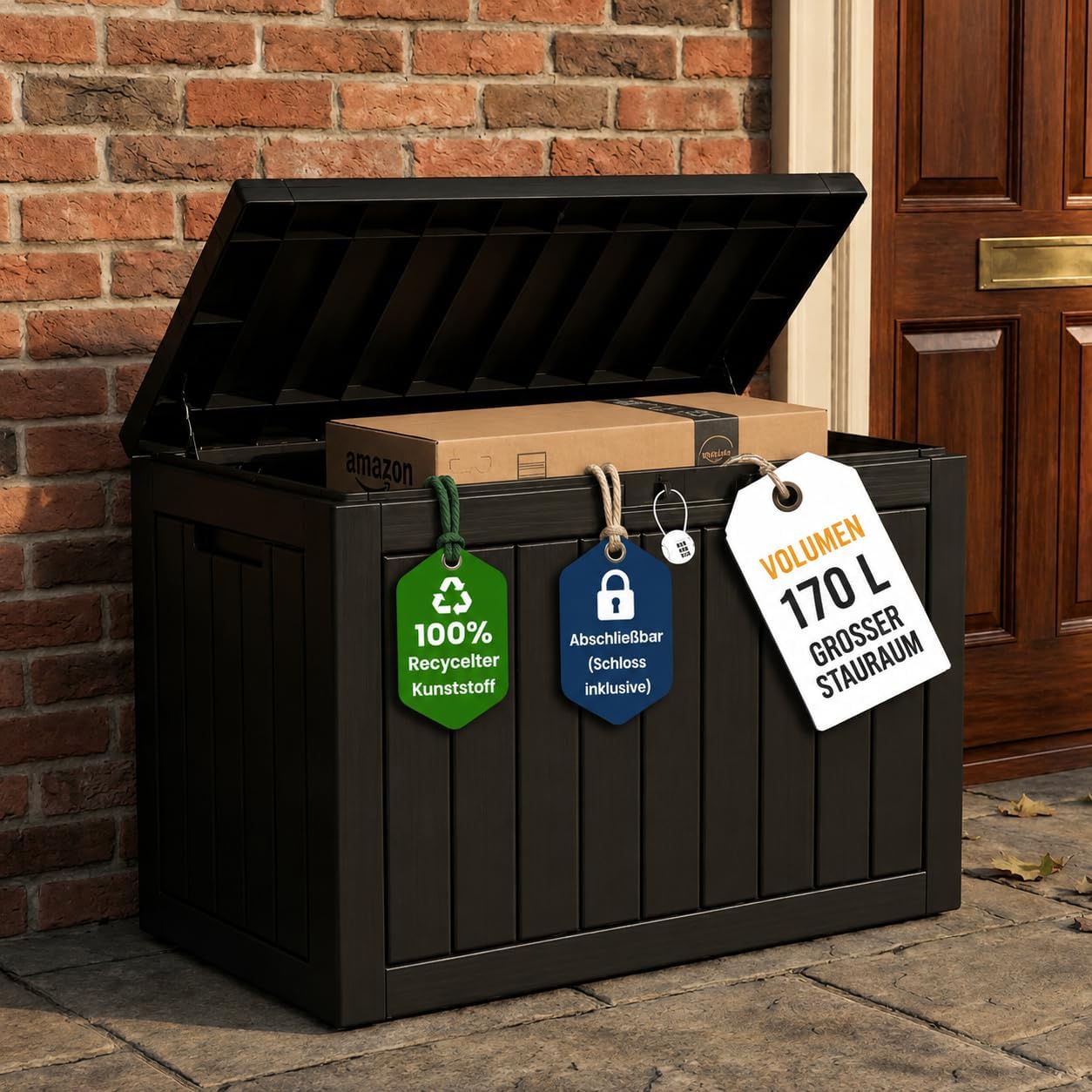 Detalle de Olsen & Smith Paketbox Draussen 170L – wetterfeste Aufbewahrungsbox mit Deckel