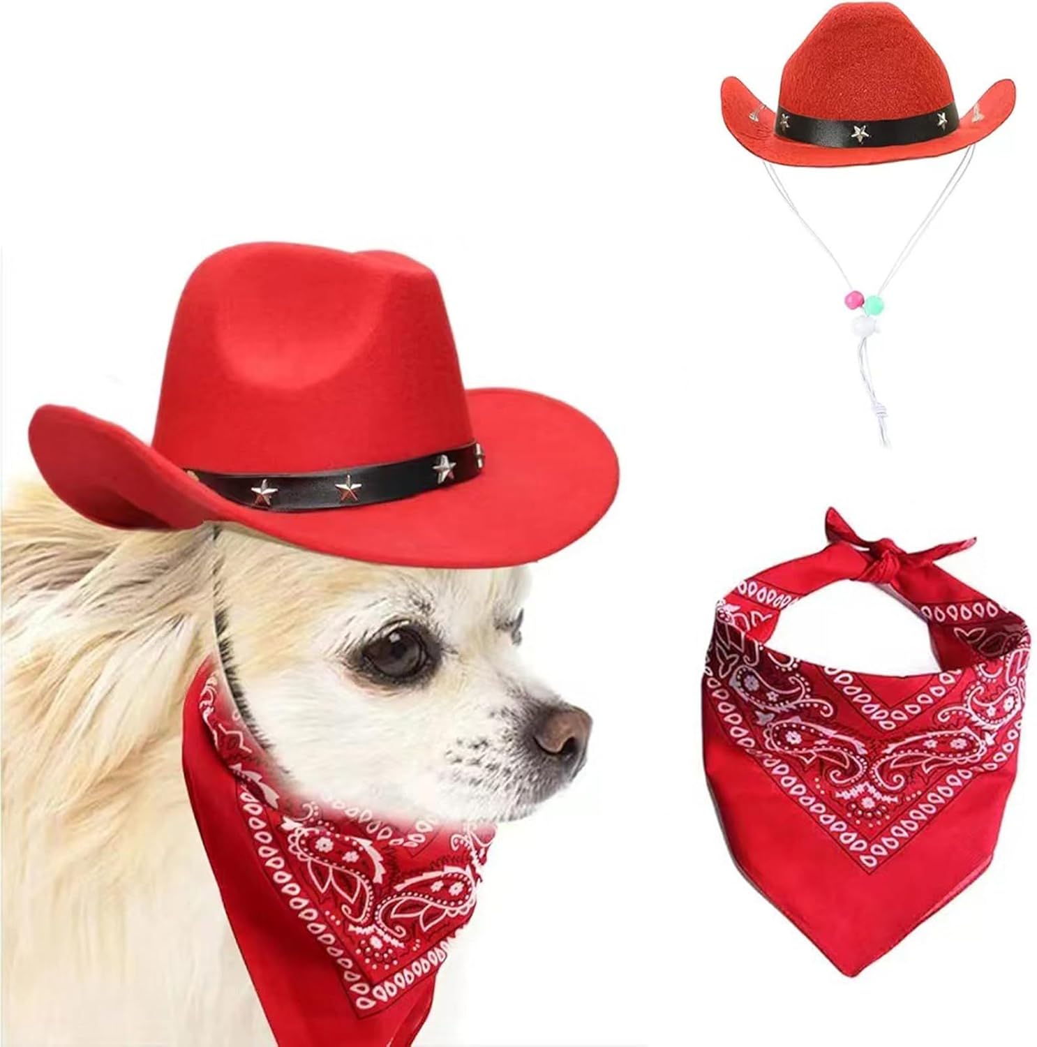 Thumbnail 6 de Ling & Bai 2Pcs Dog Cowboy Hat Costume Set: Hat and Red Bandana for Pets (Black)