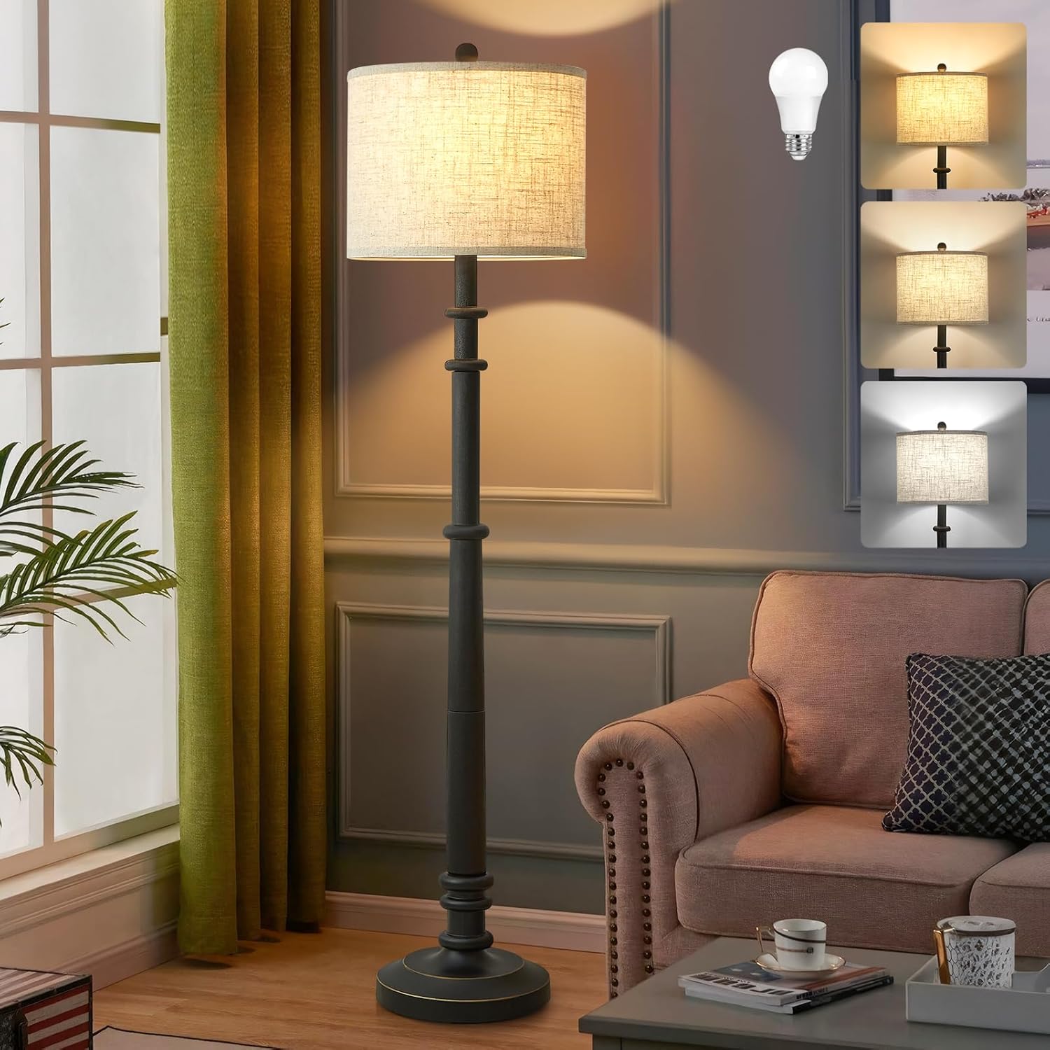 Detalle de EJIAXIN 60" Resin Farmhouse Floor Lamp with Adjustable Color Temperatures (Black, Linen Shade)