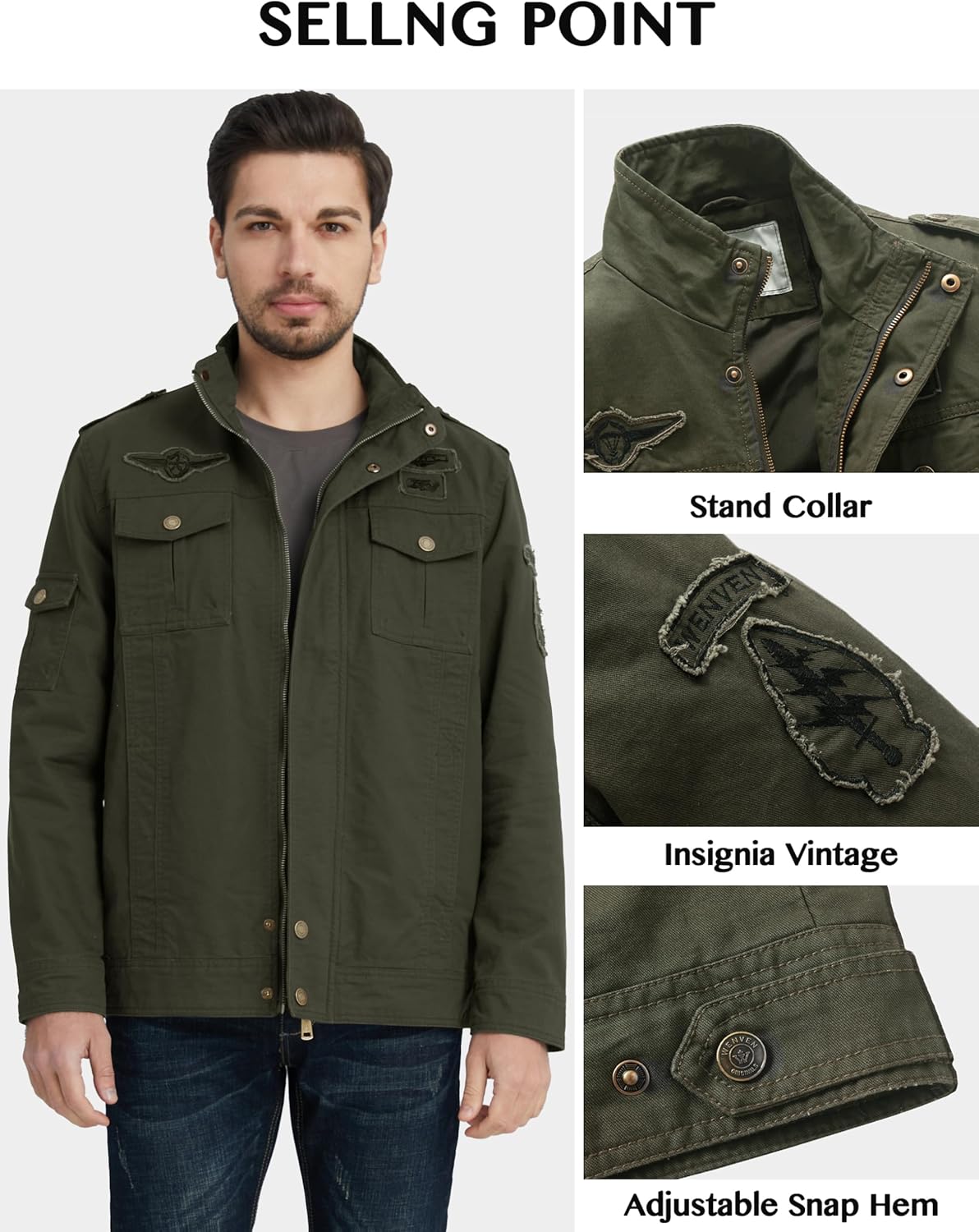 Thumbnail 3 de WenVen Giacca da Uomo in Cotone Classica con Zip Antivento e Tasche (giubbotto/cappotto casual)