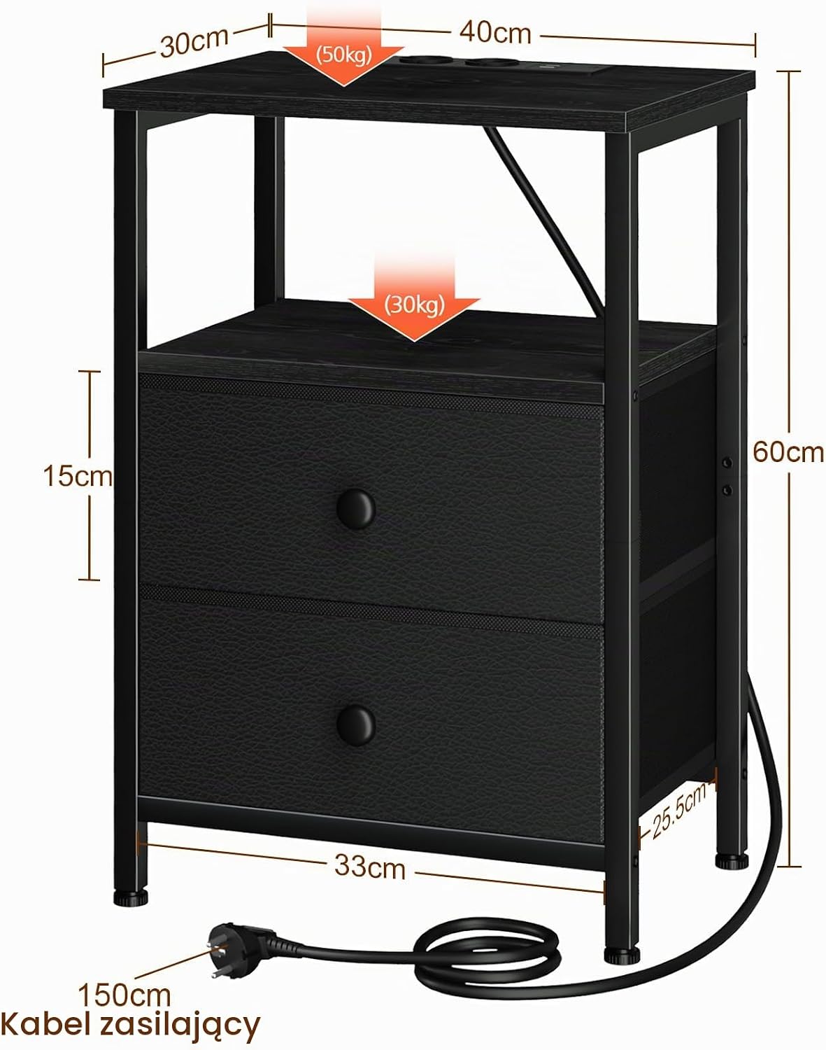 Detalle de AMHANCIBLE EHETS020BK-1 – czarny stolik nocny z ładowaniem i 2 szufladami