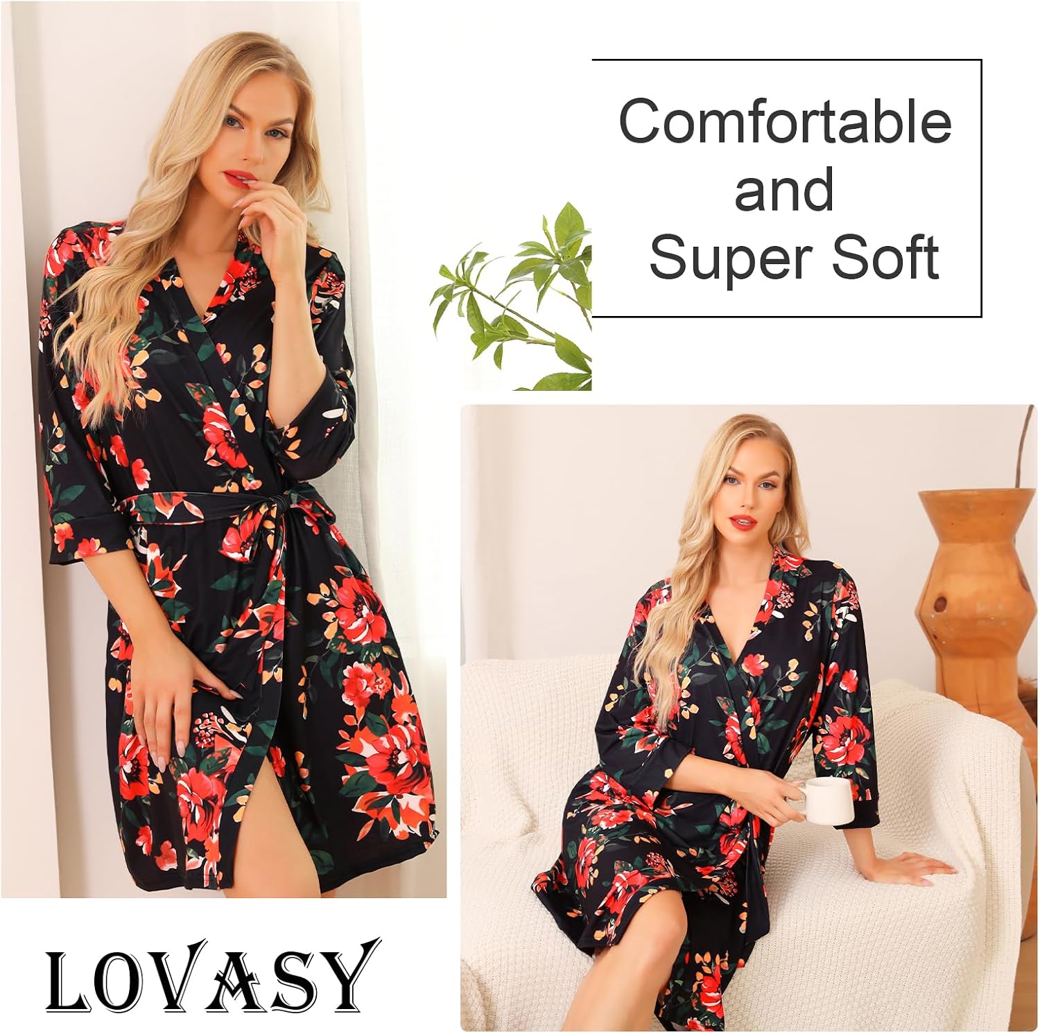 Detalle de Lovasy Peignoir Court Femme Imprimé – Robe de Chambre Douce et Léger Longueur Jambes