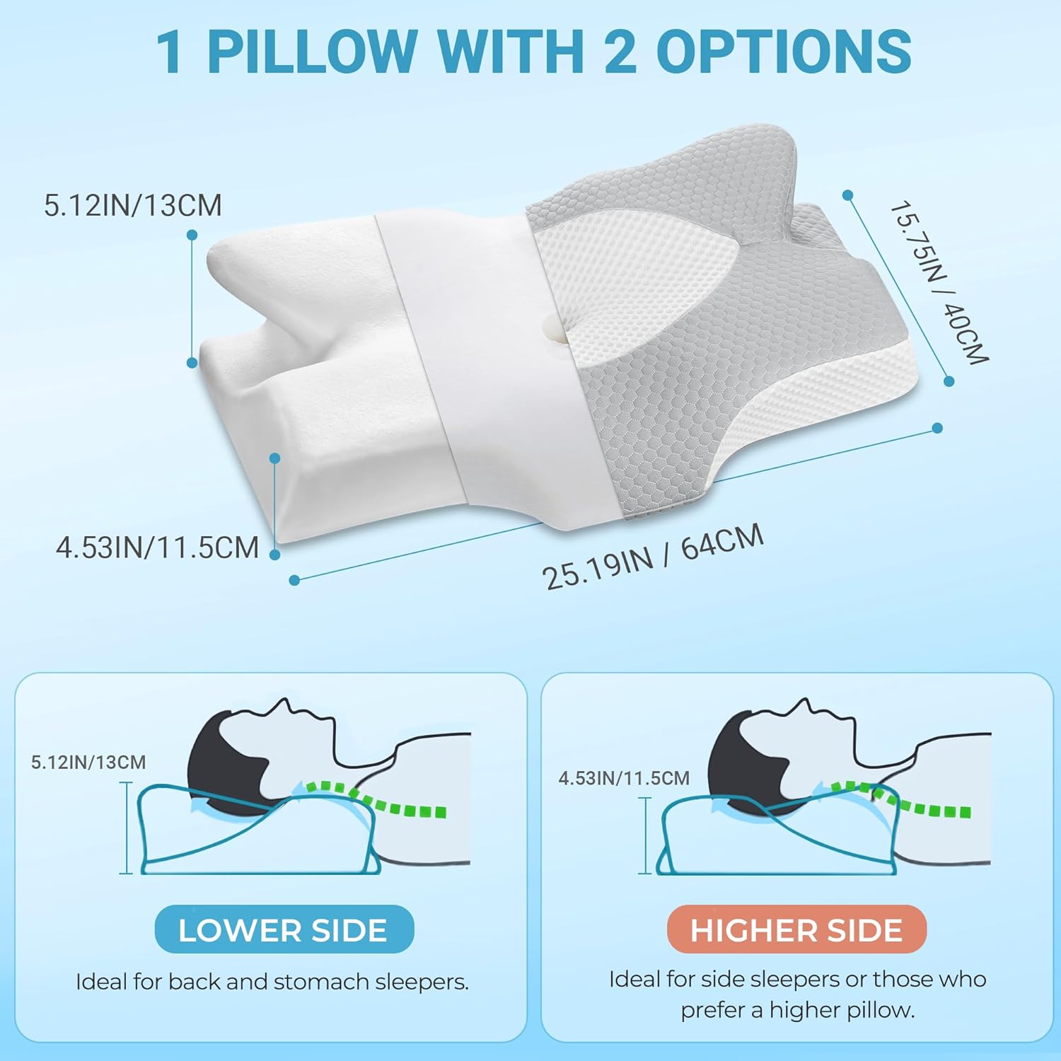 Thumbnail 2 de Elviros Memory Foam Seitenschläferkissen – ergonomisch geformt gegen Nacken- und Schulterbeschwerden, 64 x 12,5/10,5 x 38 cm, Grau