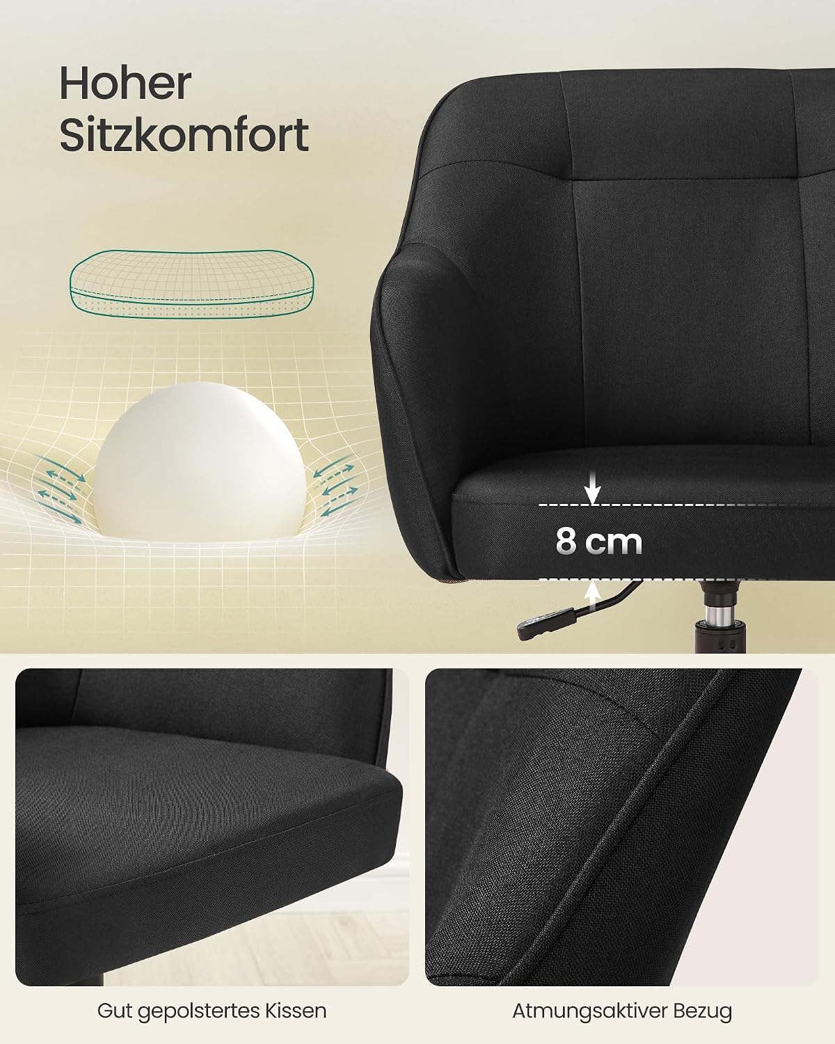 Thumbnail 5 de SONGMICS Homeoffice-Drehstuhl OBG019B01 (höhenverstellbar, bis 110 kg) mit atmungsaktivem Stoff, schwarz