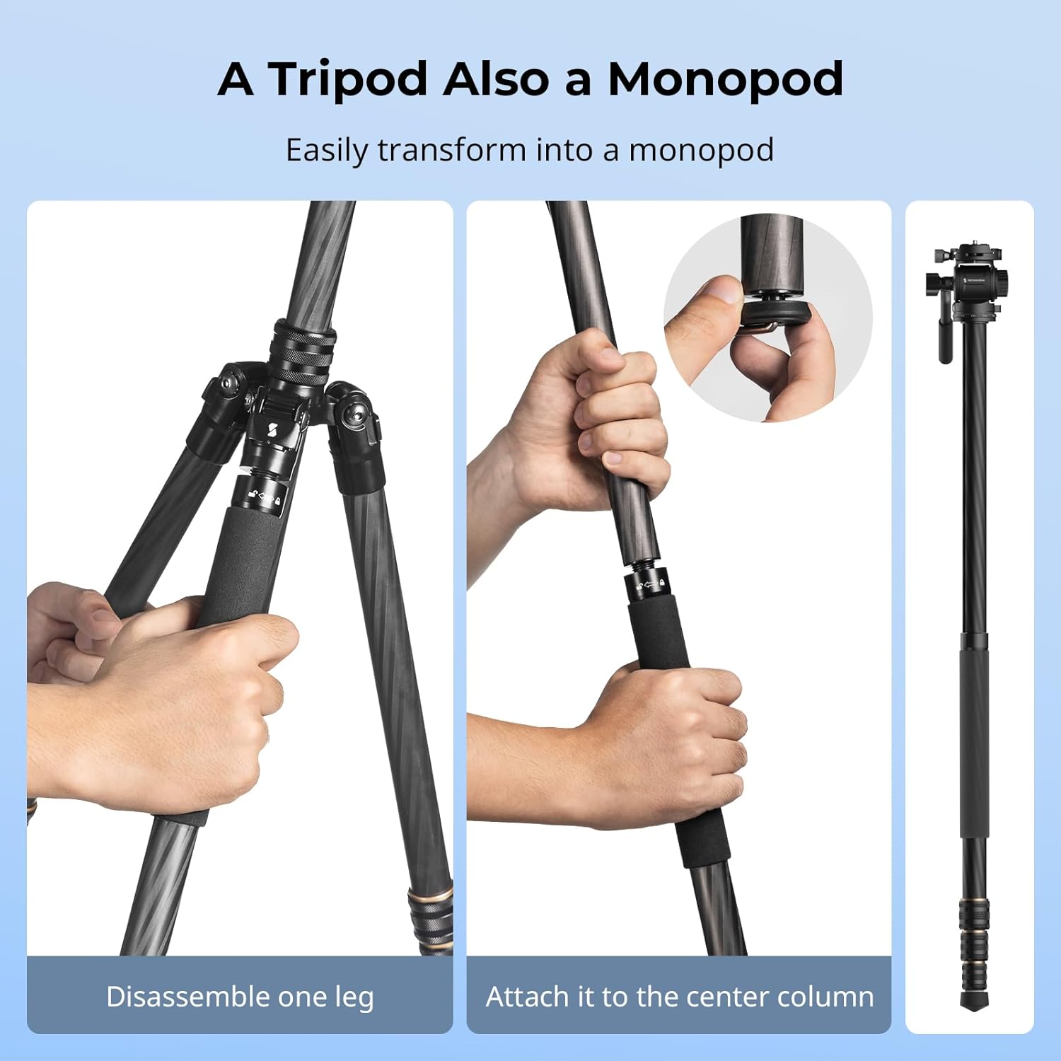 Thumbnail 5 de SMALLRIG CT150: Trépied vidéo de voyage 61,8" avec tête fluide, monopode et plaque Arca