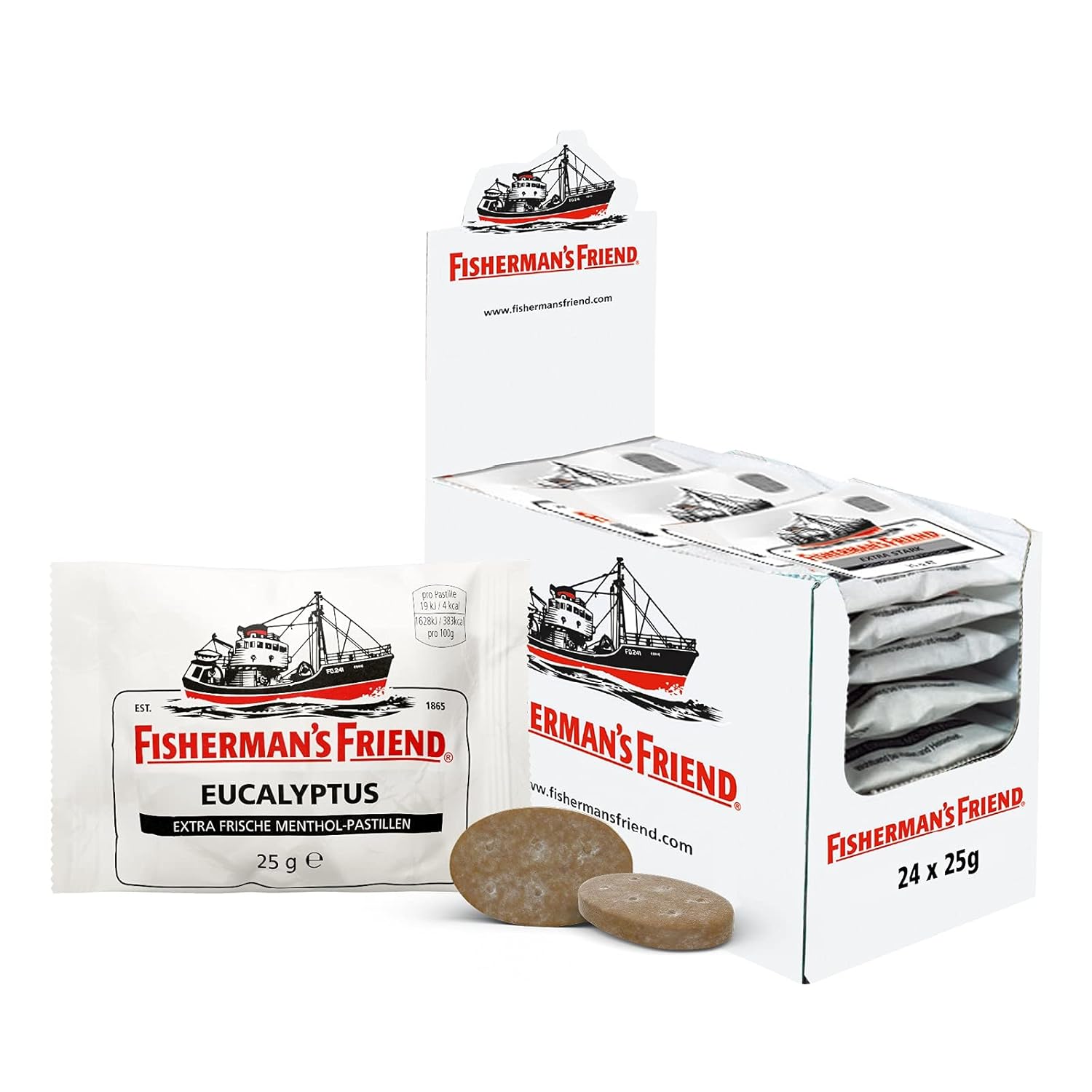 Detalle de Fisherman’s Friend Eucalyptus – 24er Vorratsbox, Eukalyptus & Menthol, vegan, 24 x 25 g
