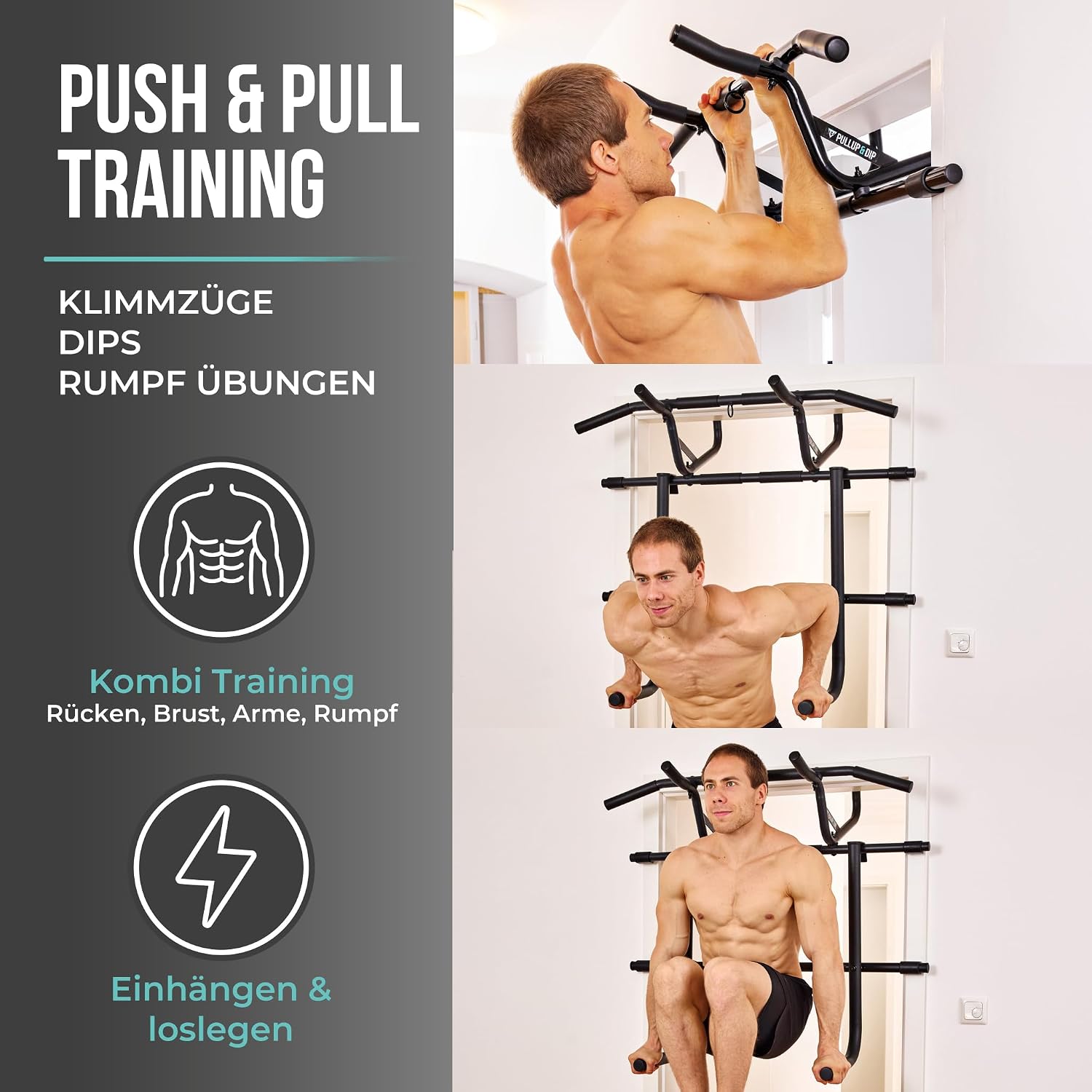 Detalle de PULLUP & DIP Klimmzugstange für Türrahmen inkl. Dip-Modul (ohne Schrauben) mit gepolsterten Griffen