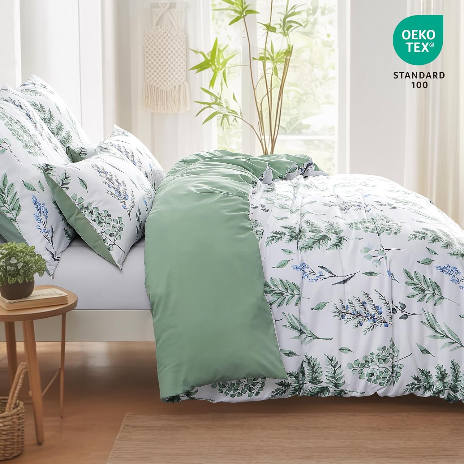 Detalle de Tifschlaf King Size Duvet Cover Set with Pillowcases – Floral Sage Green, 220x230 cm