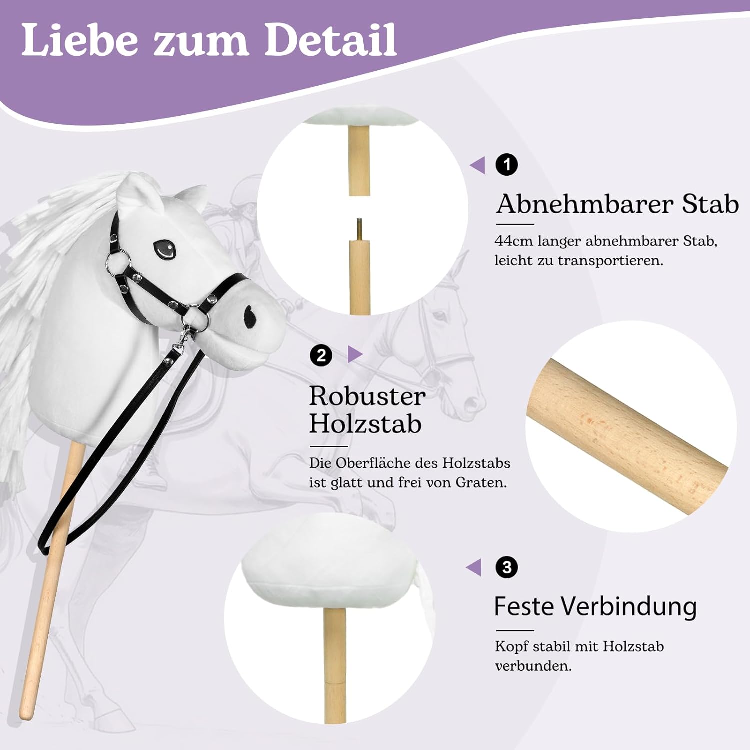 Thumbnail 5 de Bludrfnly Hobby Horse – Steckenpferd für Kinder mit Zaumzeug, Weiß
