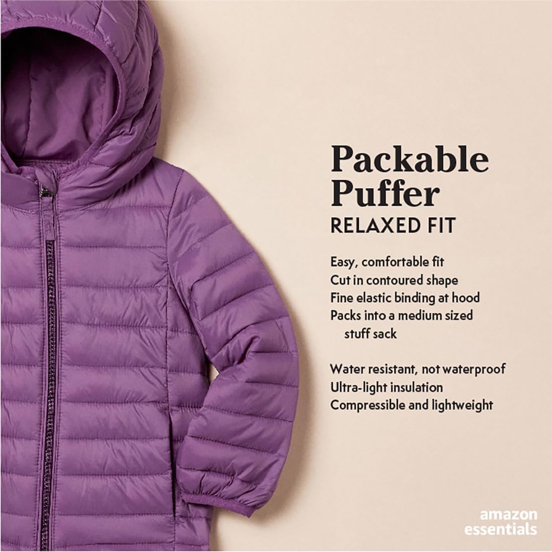 Detalle 2 de Amazon Essentials Girls and Toddlers' Lightweight Water-Resistant Packable Hooded Puffer Jacket