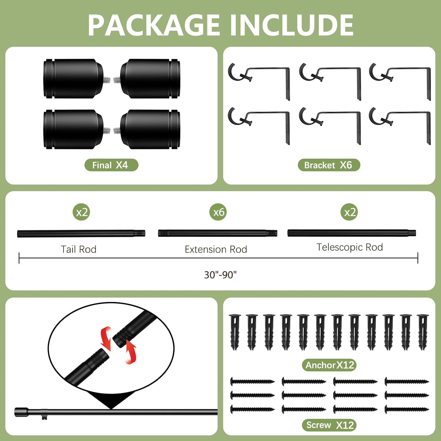 Thumbnail 2 de 5/8 Inch Adjustable Curtain Rods (2 Pack) – 30-90 Inches, Black