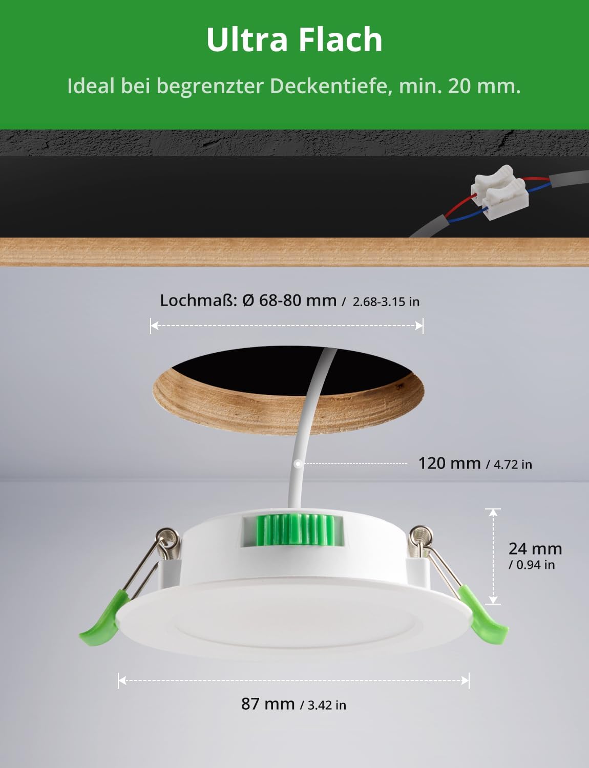 Thumbnail 6 de HOMEOW LED Einbaustrahler 230V 5W, 400LM – 10er Set, ultra flach 24mm, IP44, 68–80 mm Lochmaß, 2700K/4000K/6000K
