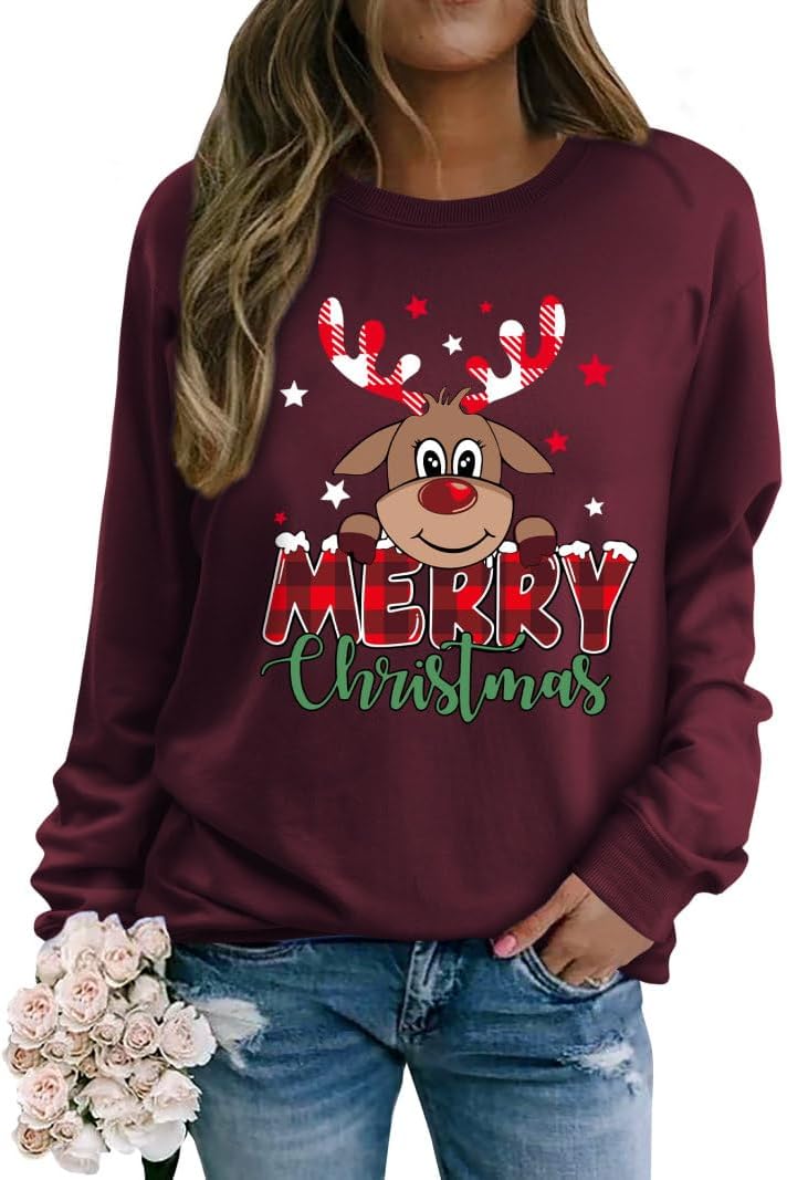 Detalle de Yihelian Damen-Sweatshirt mit Rentier-/Elch-Motiv aus Baumwolle – Rundhals-Weihnachtspulli
