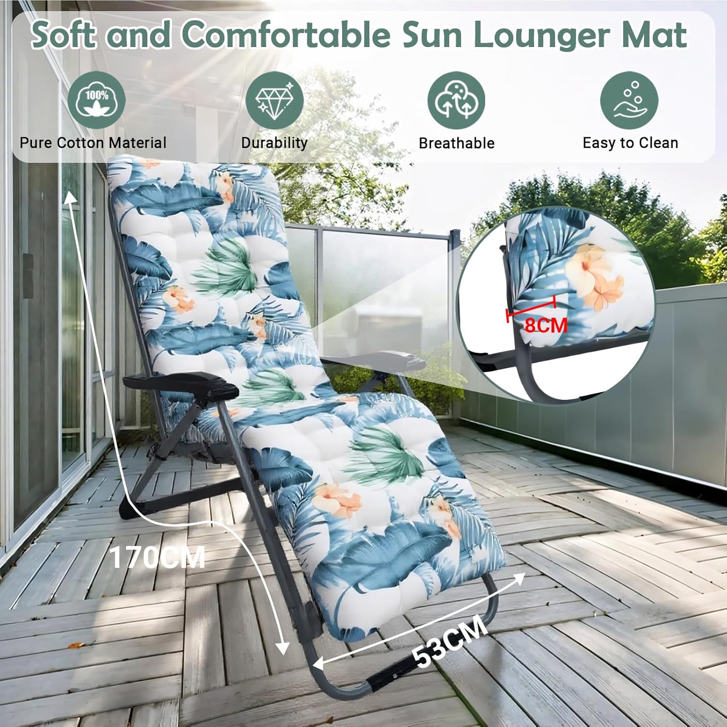 Detalle de GOZYLA High Back Sun Lounger Replacement Cushion 170x53 cm