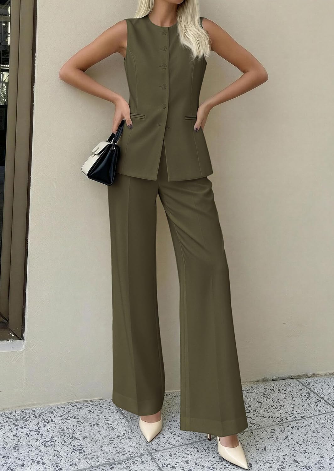 Detalle 2 de PRETTYGARDEN Women's 2 Piece Sleeveless Blazer Vest & Pants Set