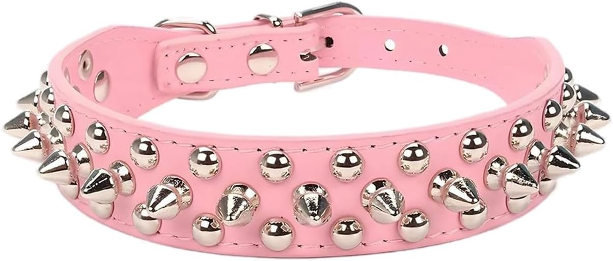 Detalle de Spiked Leather Dog Collar with Rivets – Pink, Adjustable (Size L)