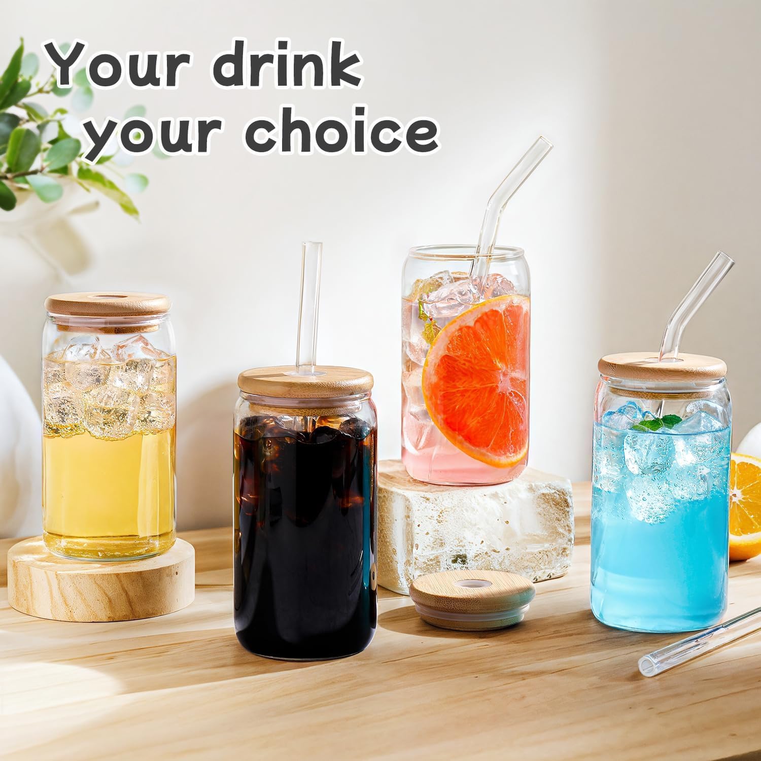 Thumbnail 5 de MHDCLY Iced Coffee Cup Set: 4 Glass Cups with Bamboo Lids, Straws and Brushes (20 oz)