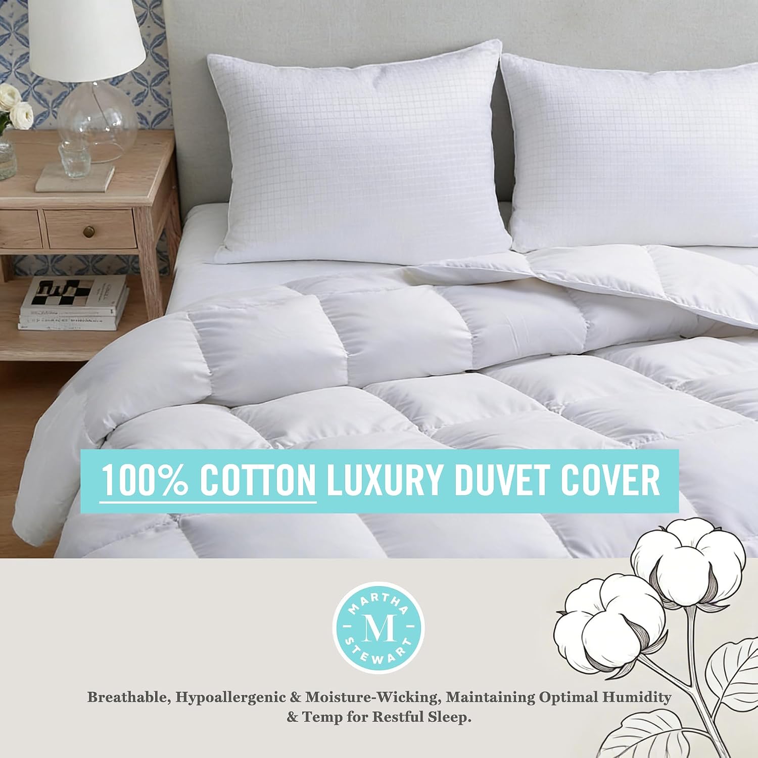 Detalle de Martha Stewart Queen Comforter, Goose Feather & Down Fiber, Cotton Cover, All-Season Medium Warmth