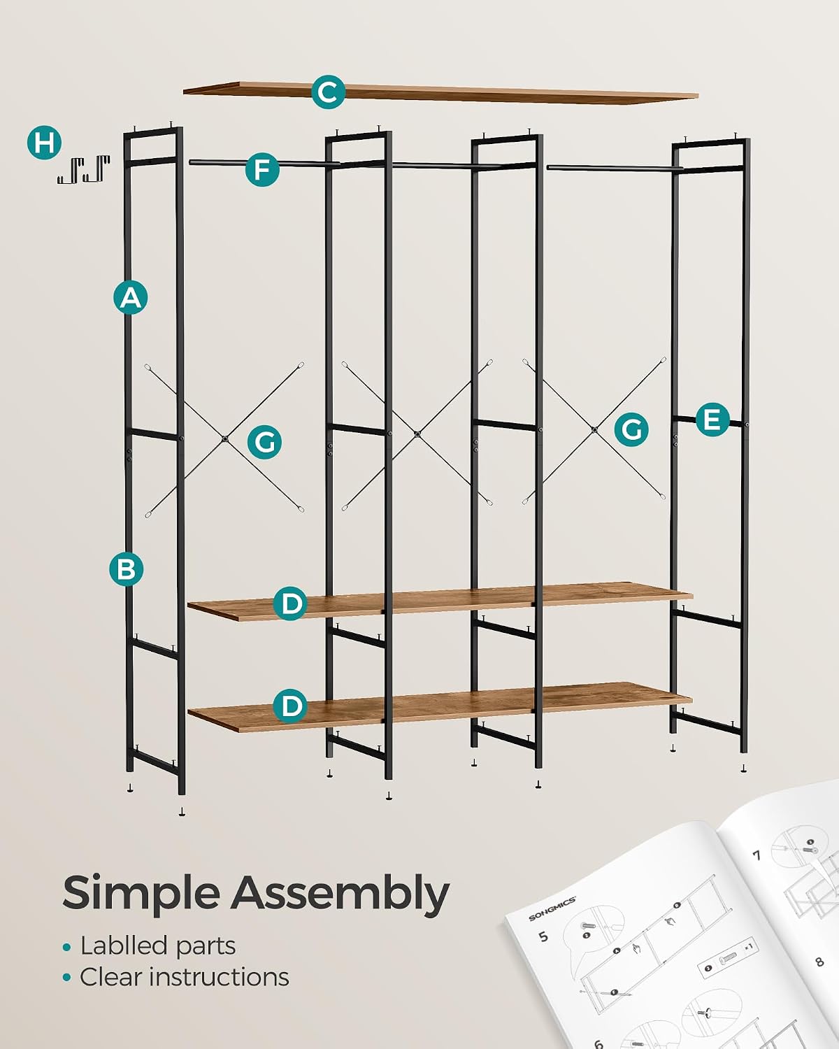 Thumbnail 6 de SONGMICS RGR005B01 Clothes Rail with Shelves, 141 x 40 x 180 cm