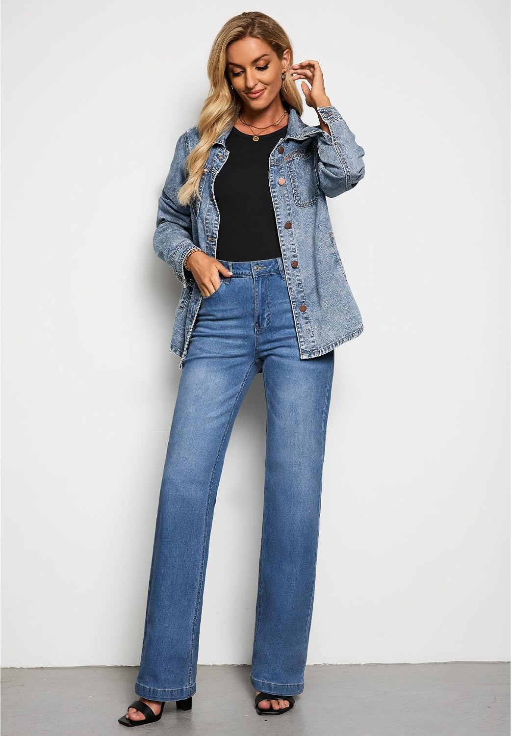 Detalle de GRAPENT Women's Wide-Leg Jeans in Stretch Denim