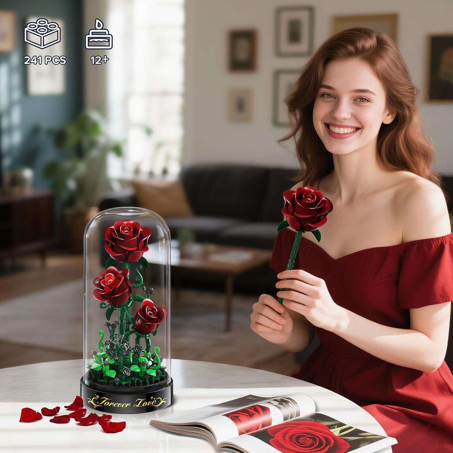 Detalle de Flower Building Set with LED Light – Burgundy Red Rose 241-Piece Mini Block Kit