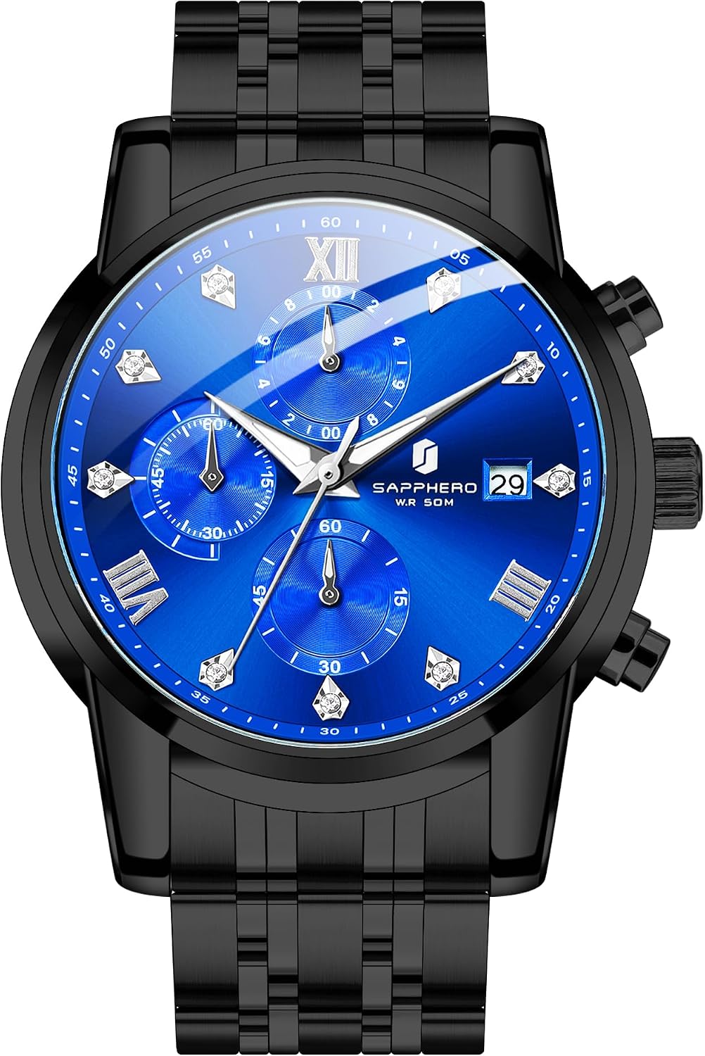 Detalle de SAPPHERO Herrenarmbanduhr Edelstahl, 50M wasserdicht, Chronograph, Datumsanzeige – stilvolle Quarz-Uhr