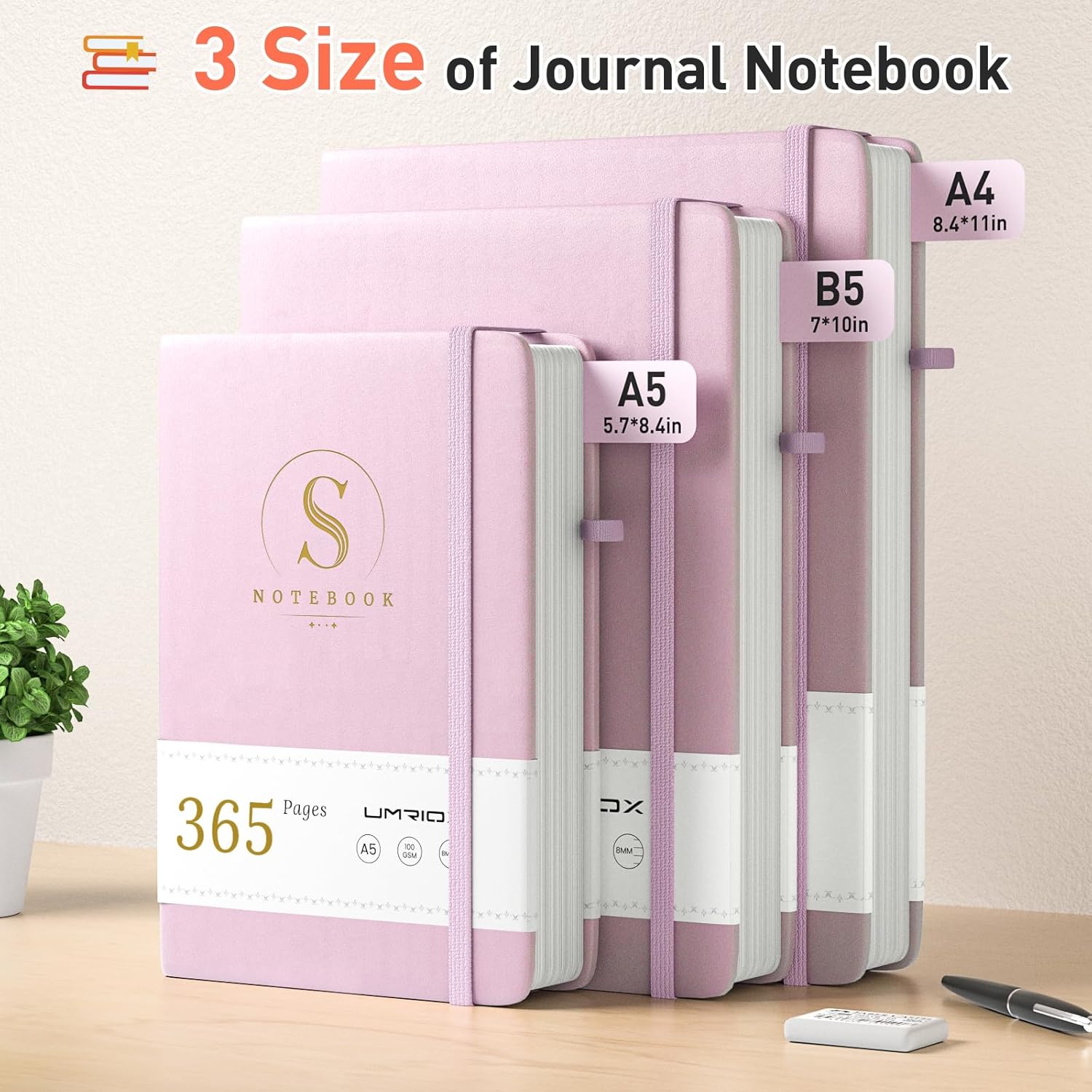 Thumbnail 1 de Umriox A5 Lined Journal Notebook (365 pages) – 100gsm thick paper, PU leather hardcover, pink