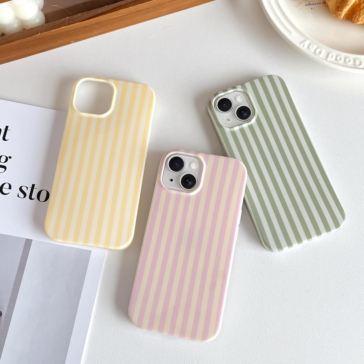 Detalle de SmoBea iPhone 14 Case – Cute Striped Slim TPU, Pink and Yellow