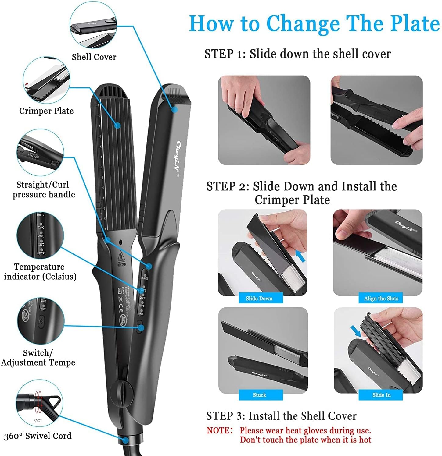 Thumbnail 2 de Hair Crimper by CkeyiN: 4-in-1 Ceramic Hair Styling Iron with Interchangeable Plates