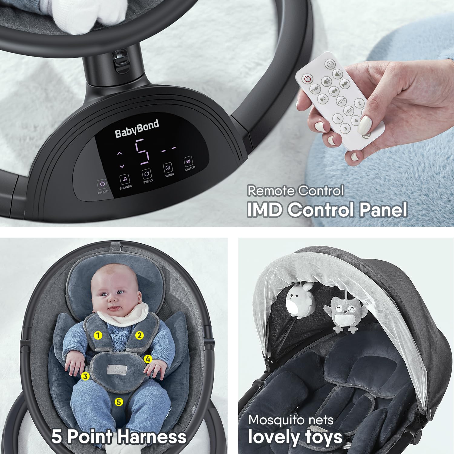 Thumbnail 6 de BabyBond Infant Swing with Bluetooth, 3 Seat Positions and 5-Point Harness