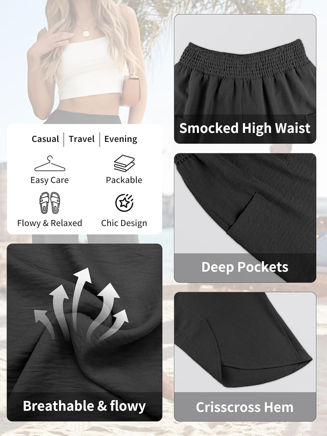 Thumbnail 5 de ANRABESS Women’s Capri Palazzo Wide-Leg Pants with Smocked High Waist