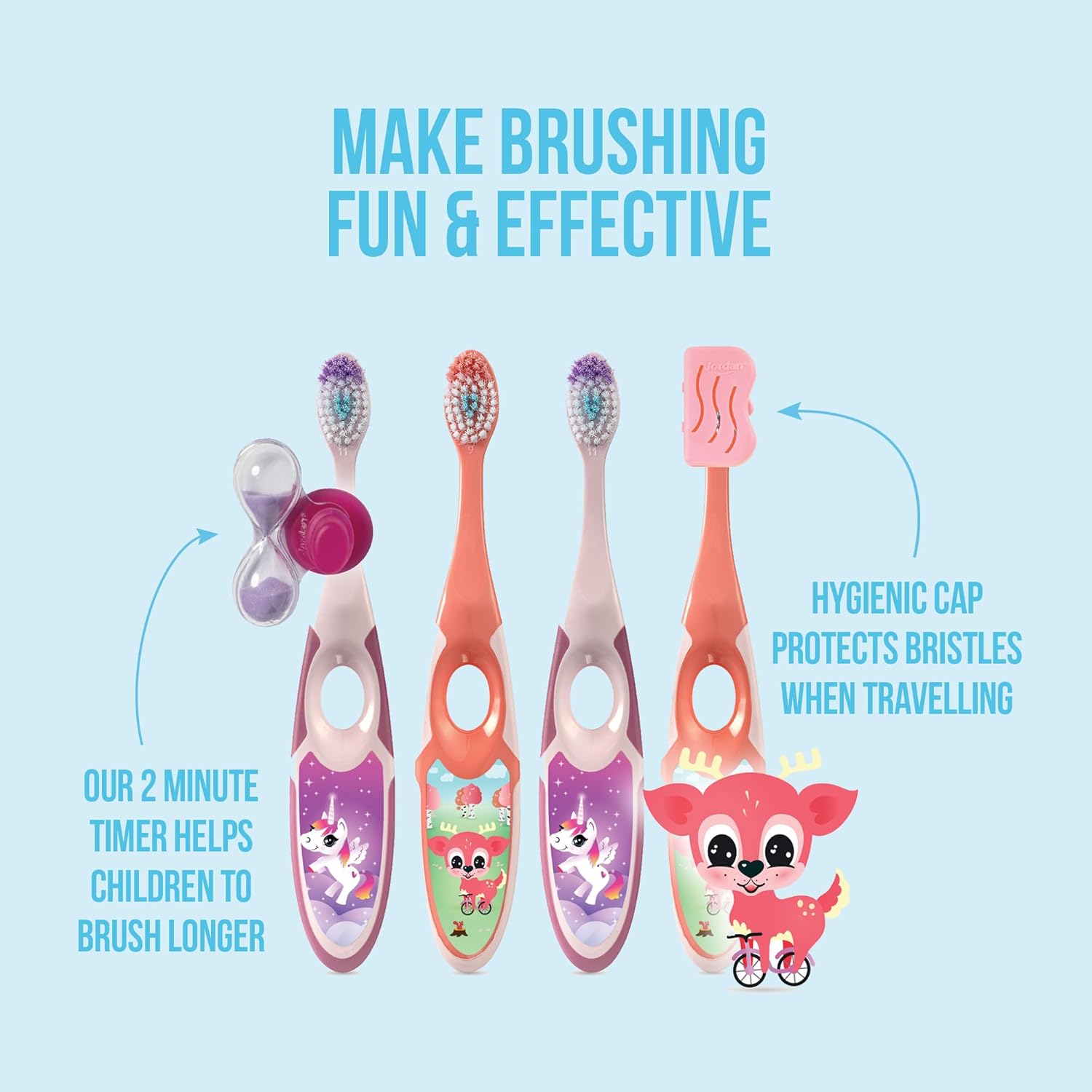 Detalle de Jordan Step 2 Brosse à dents pour enfants (3–5 ans) — Pack 4, poils souples, double poignée, sans BPA, couleur rose et jaune