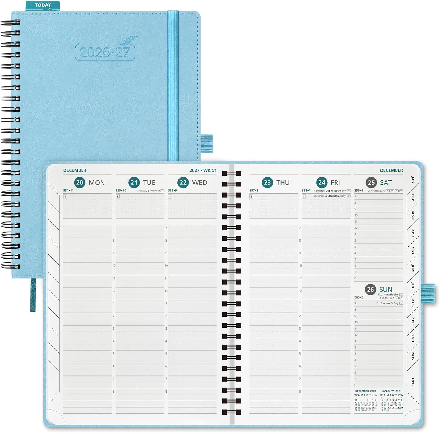 Detalle de BEZEND A5 Academic Diary 2026-2027 Week to View Spiral (Jul 26 – Dec 27) in Sky Blue PU Leather