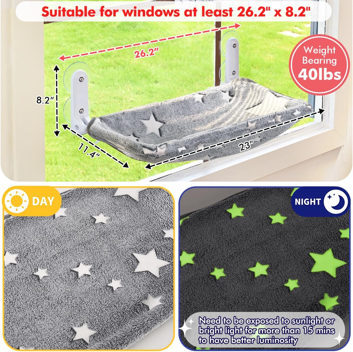Detalle 2 de Zoratoo 2PC-S58 Cat Window Perch Set, Glow-in-the-Dark, Foldable