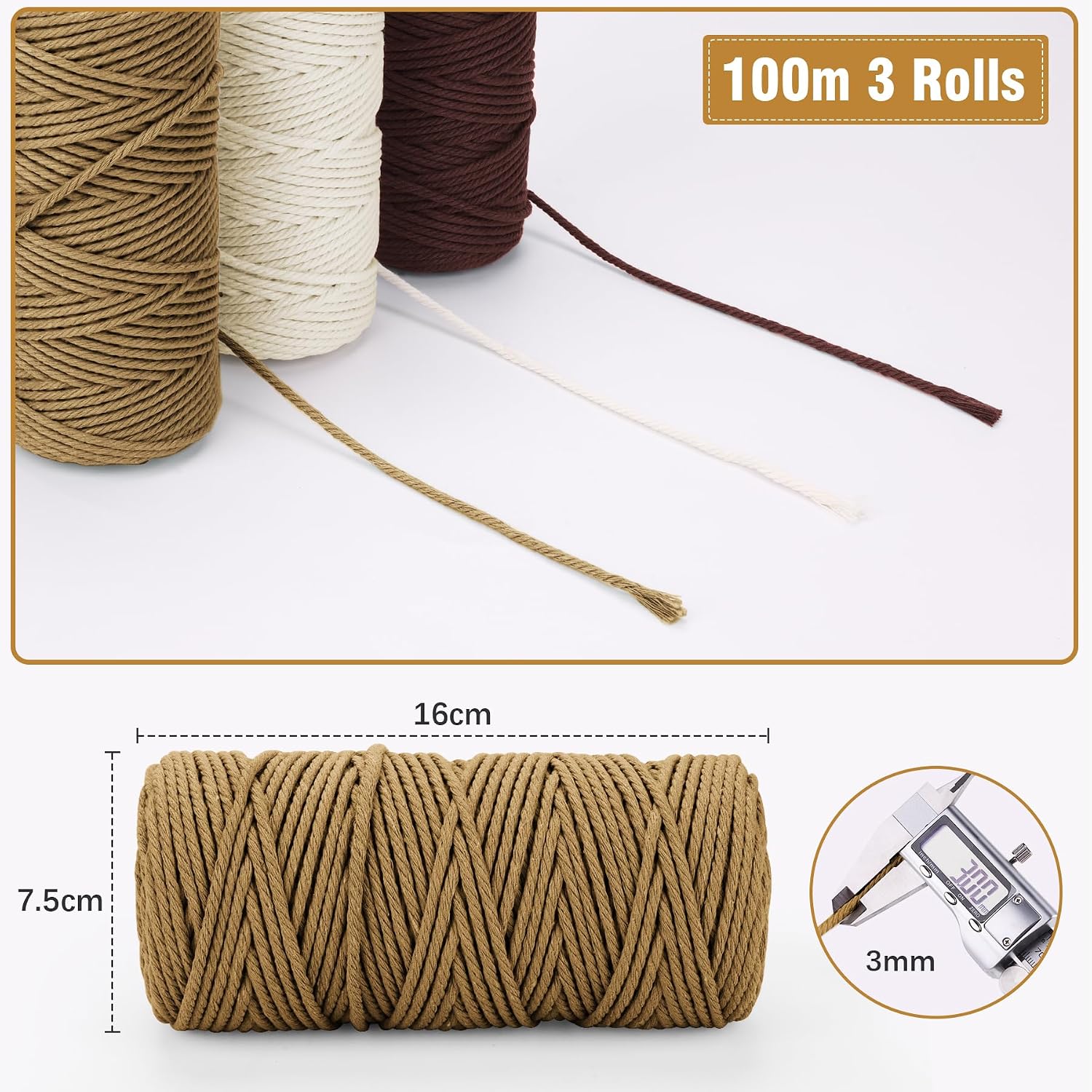 Detalle de Corde Macramé 3mm x 100m - Set de 3 bobines en coton naturel (Beige, Jaune Moutarde, Marron) pour Décoration et Suspension