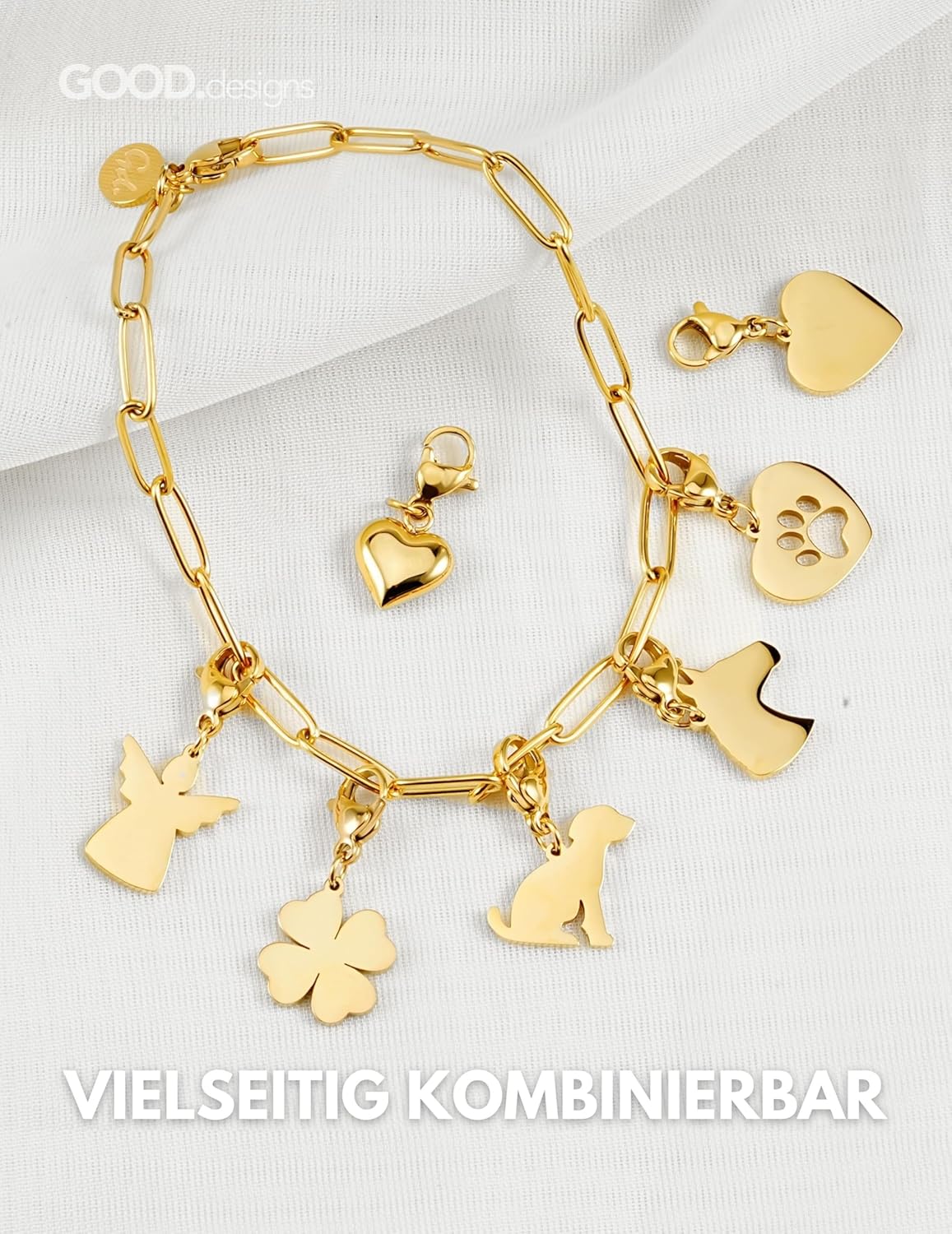 Detalle de GD GOOD.designs Charms Anhänger mit Karabiner-Verschluss – 316L Edelstahl, 18K Vergoldung