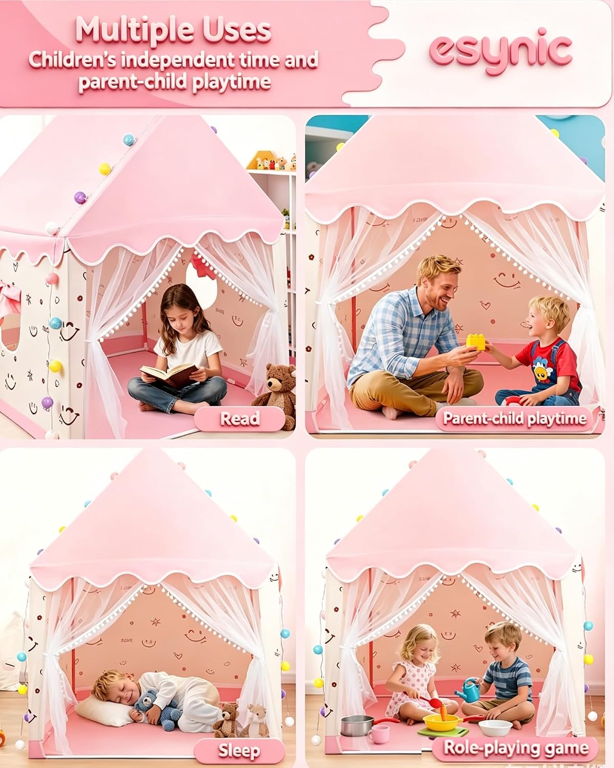 Detalle de eSynic XL-Pink003 kindertent met led-lichtketting en metalen frame