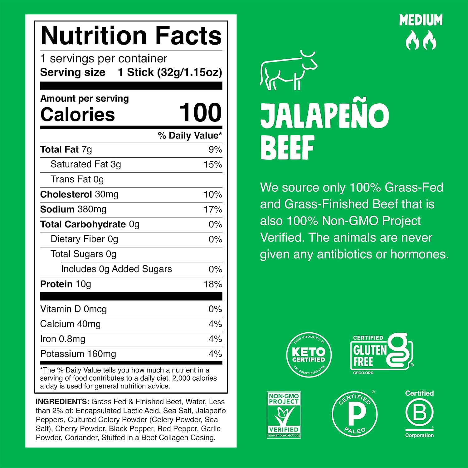 Detalle 2 de Chomps Jalapeño Beef Snack Sticks, 10-Count, Grass-Fed, 10g Protein