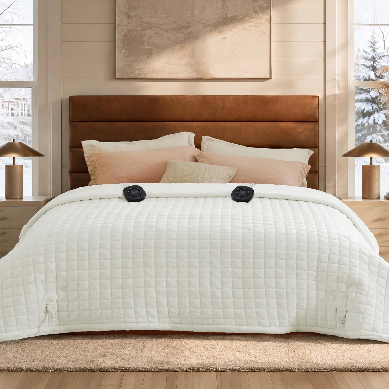 Detalle de Bedsure BS-QB04-S Queen Heated Blanket, Ivory Quilt, Dual Controls, 10 Heat Levels