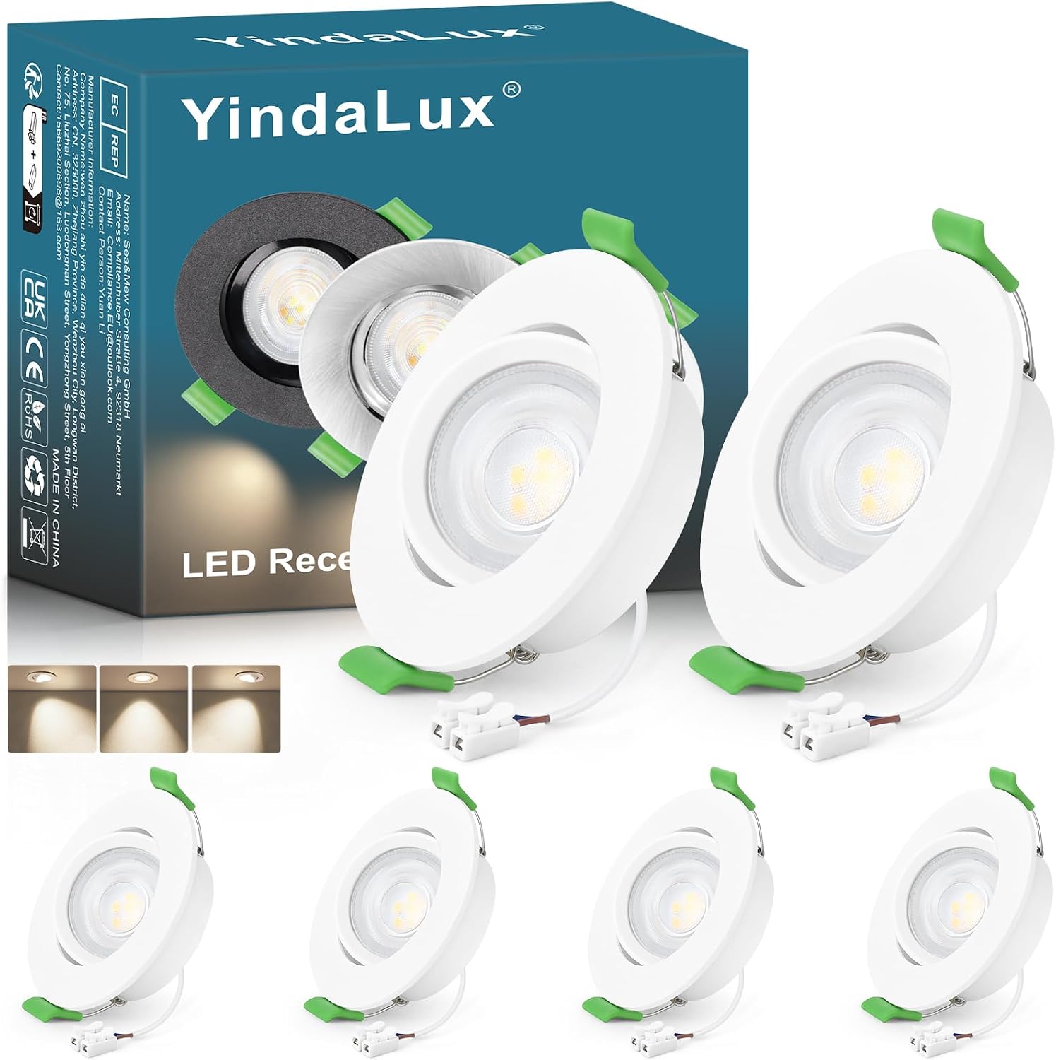 Detalle de YindaLux LED-Einbaustrahler 230V 5W (GU10) schwenkbar 45° IP44, 4000K, 6er Set – nicht dimmbar