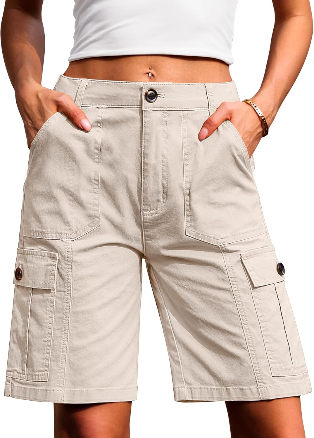 Detalle de Eddoyee Bermuda Cargo Shorts for Women: High-Waisted, Stretchy, 6-Pocket Comfort