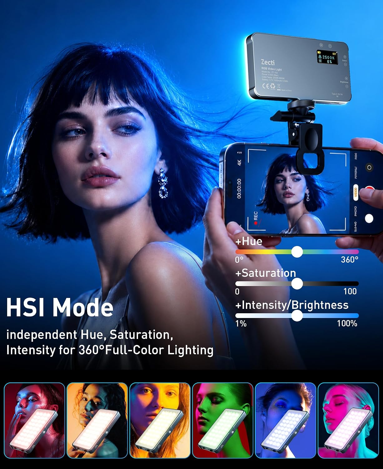 Detalle 2 de Zecti 96 LED RGB Phone Light with 2500K–8000K Color and 21 Effects