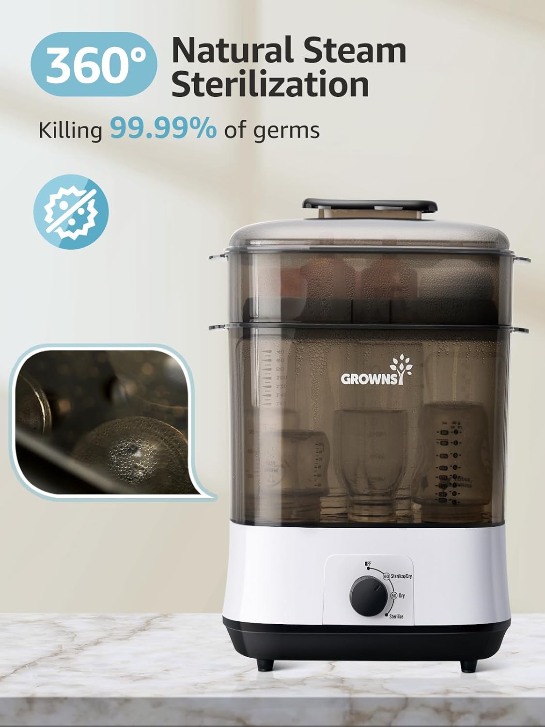 Detalle de GROWNSY 4-in-1 Baby Bottle Sterilizer and Dryer, 360° Steam, 72-Hour Storage
