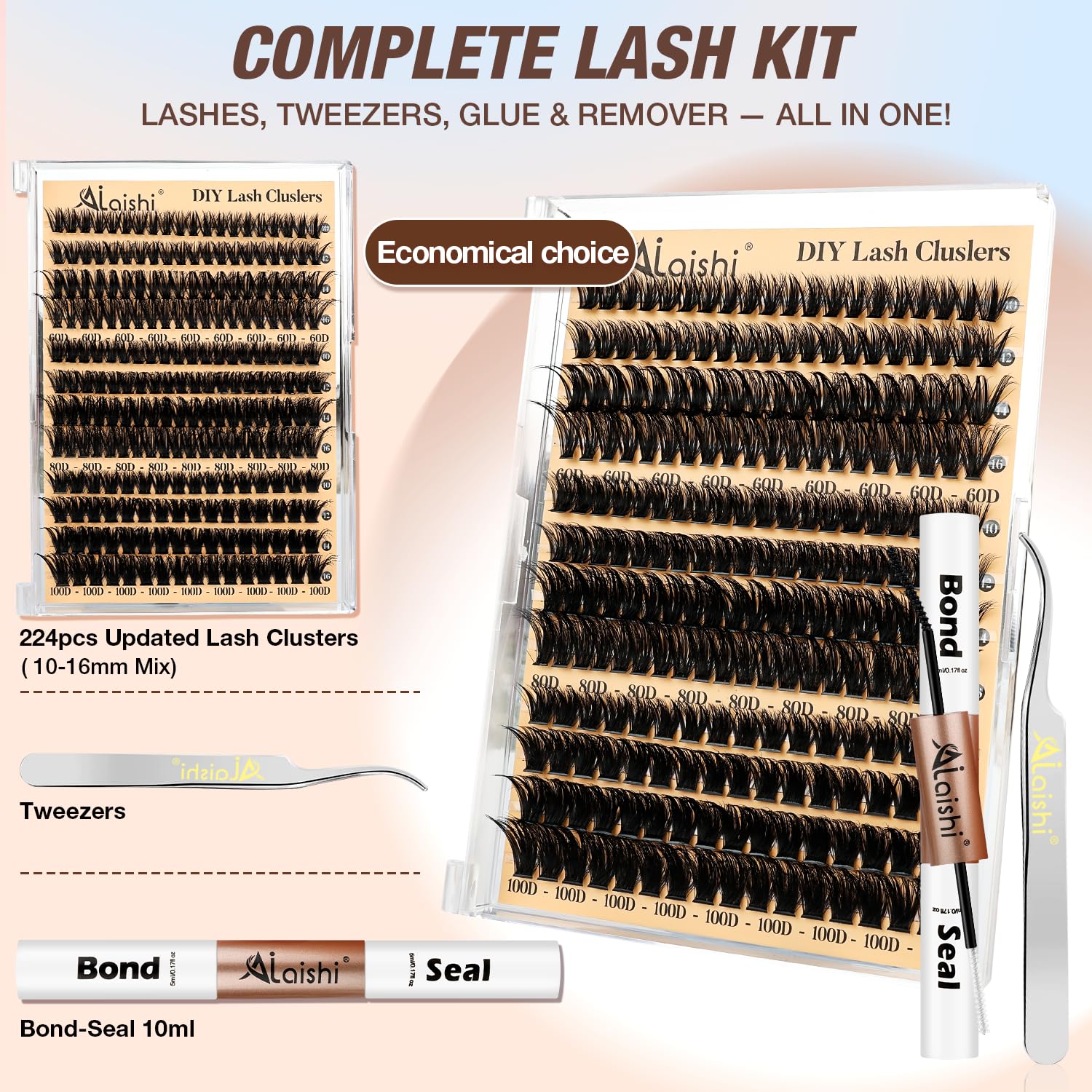 Detalle 2 de AILAISHI Lash Clusters Kit: DIY Cluster Eyelash Extensions (60D+80D+100D, 224pcs) with Bond & Seal