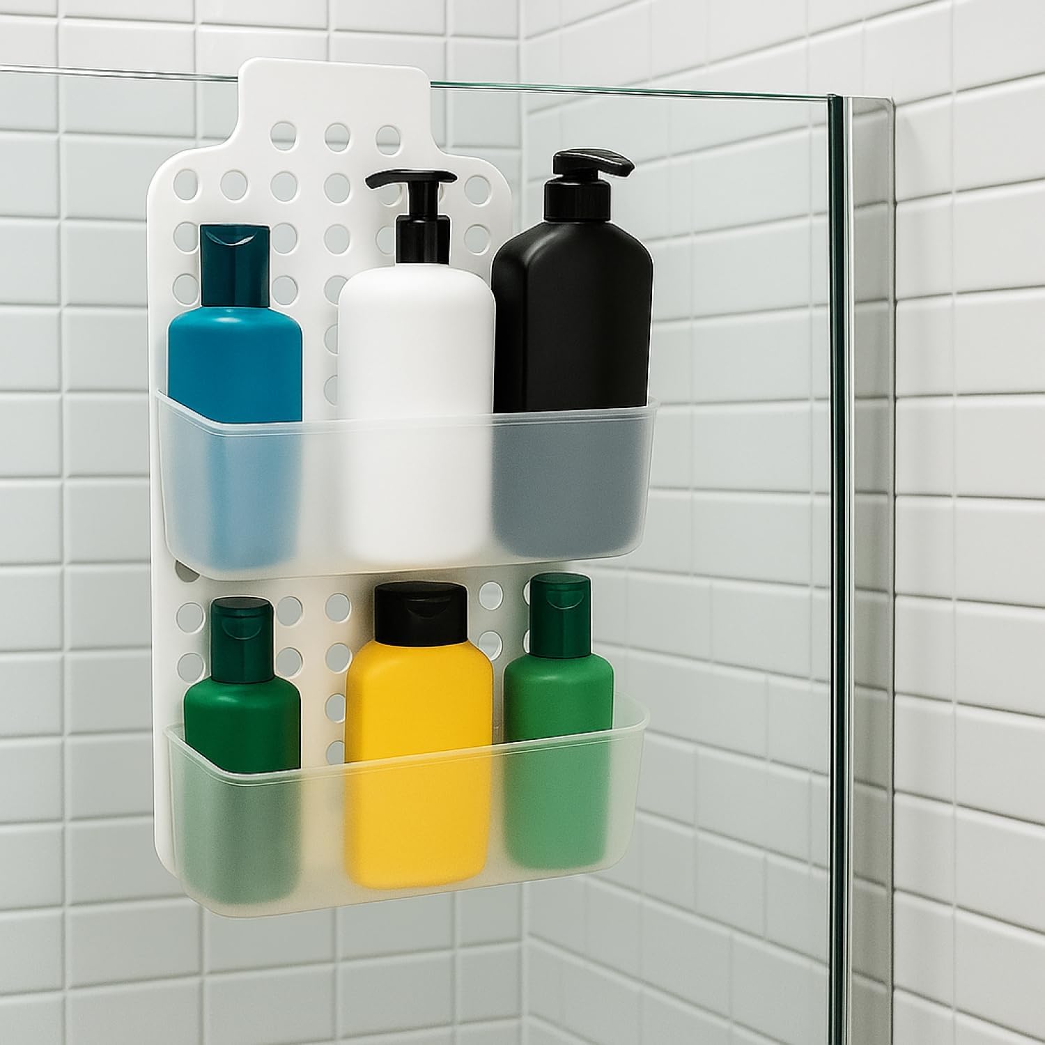 Detalle de com-four Panier de douche à 2 compartiments avec support et crochets – étagère douche blanche