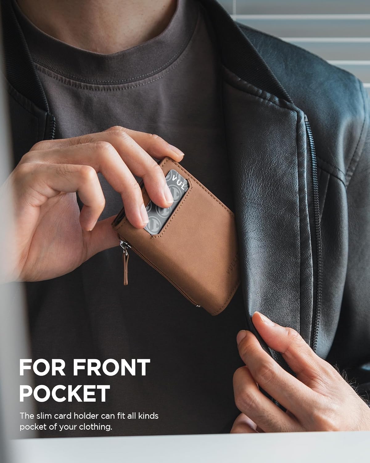 Detalle de VULKIT Men’s Card Holder with Sliding Ejector, RFID Blocking & Zipper Coin Pocket