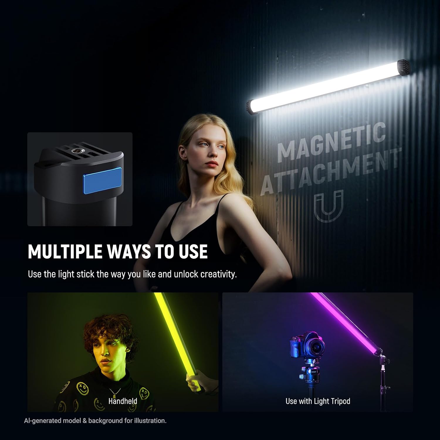 Detalle de NEEWER BASICS SL50 21" Magnetic RGB Light Wand — CRI95, 14W, 4000mAh