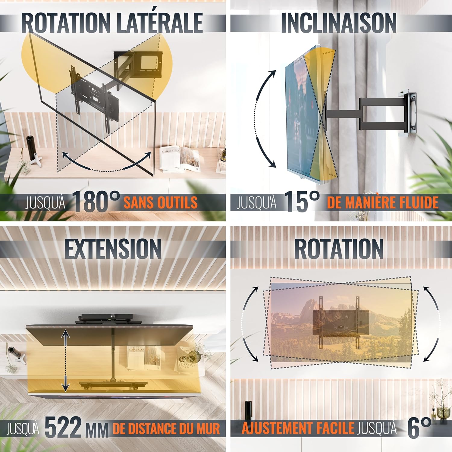 Detalle de Support TV mural RICOO S5144 pour écrans 30 à 55" (VESA) orientable et inclinable