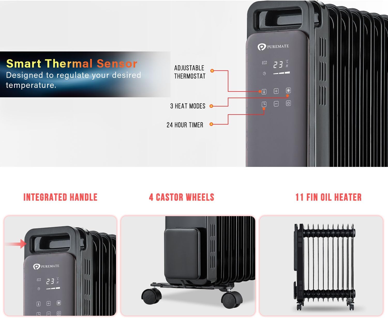 Detalle 2 de PureMate 2500W oil-filled radiator with timer