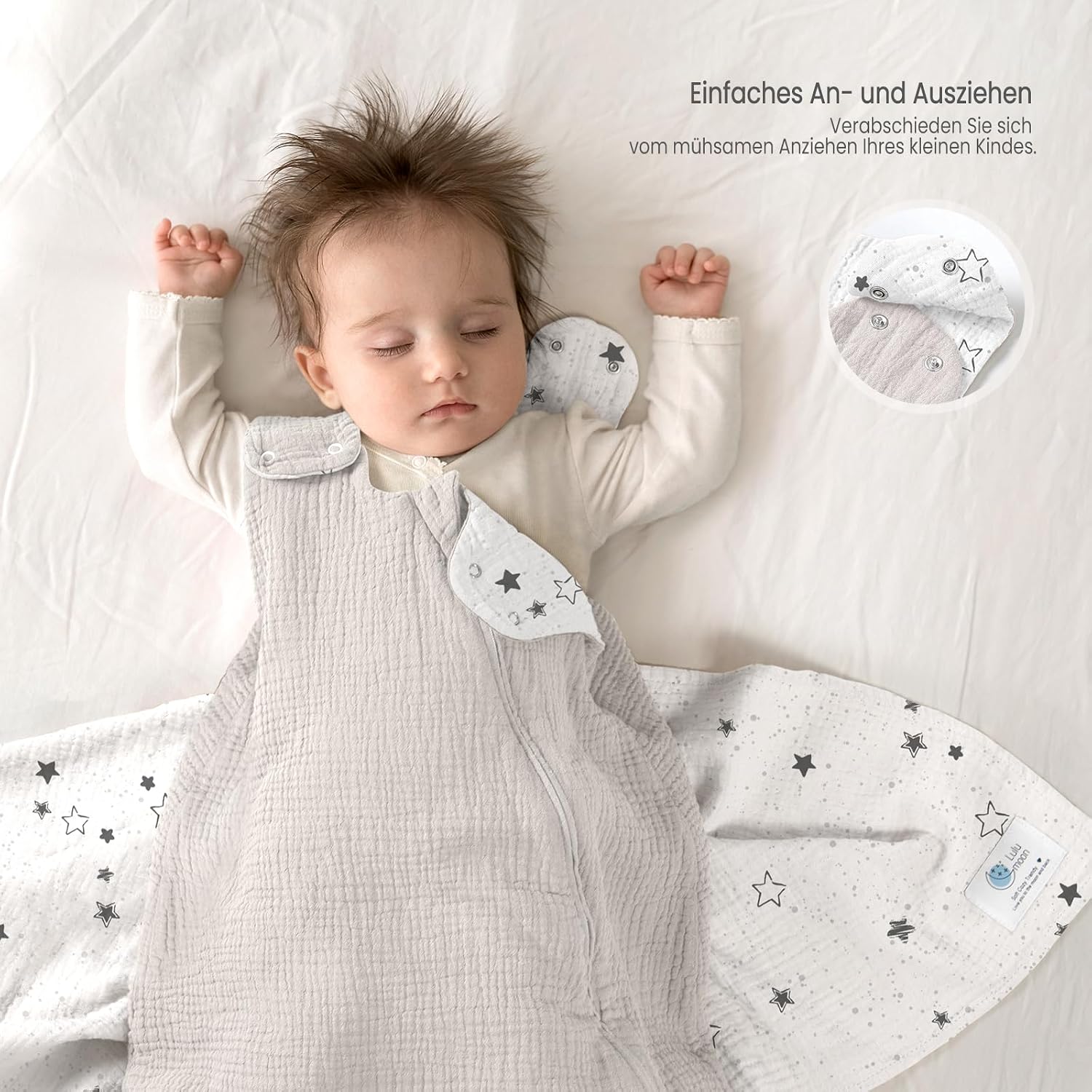 Detalle de lulumoon Baby Schlafsack aus Musselin – Ganzjährig, 80–90 cm, 15–24 Monate